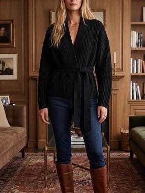GAP Black Chunky Cotton/ Wool Knit Belted Cardigan